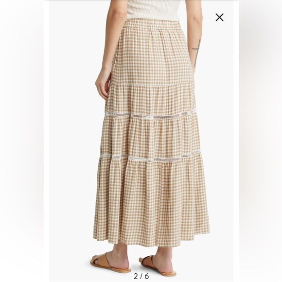 Madewell Gingham Tiered Linen Blend Maxi Skirt Tan Cream XS - Picture 2 of 11